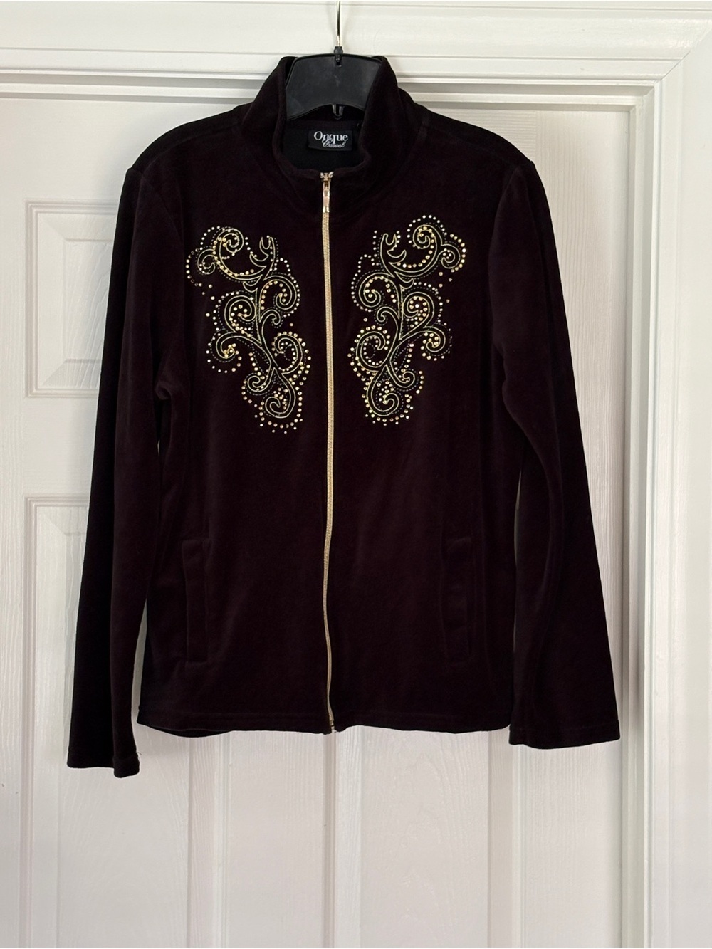Onque Casuals black velour rhinestone zip track jacket, L